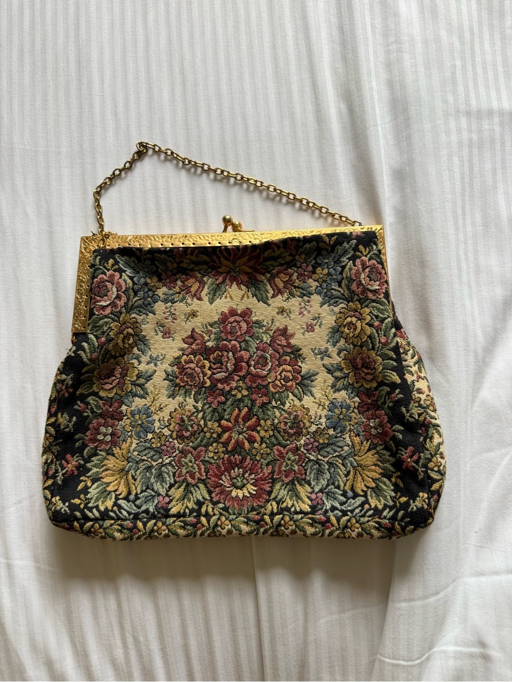 Vintage Floral Tapestry Evening Bag with Gold Frame